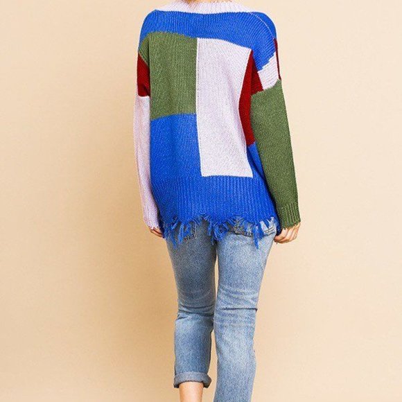 Women's Multi Color Blocked Long Sleeve V Neck Knit Pullover Sweater Size-L NWT - Picture 2 of 6